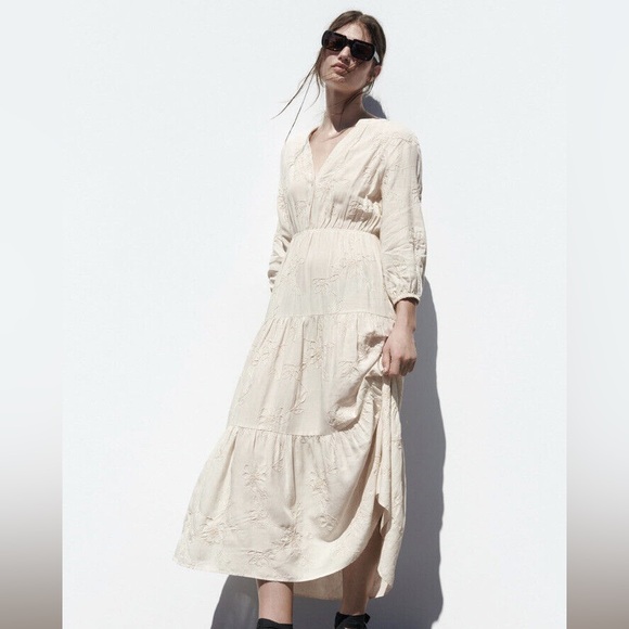 Zara embroidered linen blend midi dress - Picture 1 of 8